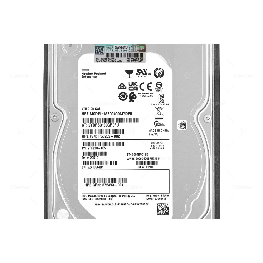 P00671-001 HP HARD DRIVE 4TB 12G 7.2K SAS 3.5 LFF MDL P50262-002, 872493-004, 2TF230-035, ST4000NM019B